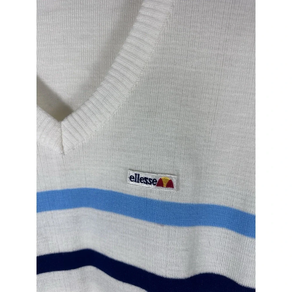 Vintage Ellesse Sweater Vest White Blue Striped Embroidered Logo V Neck